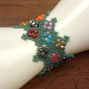 HANDMADE~Multi Color Crystals in Lacey Moss Green Bracelet. 6½"